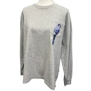 Hand Printed Upcycled Mens XL Blue Jay Bird Long Sleeve Tee Shirt w Pocket